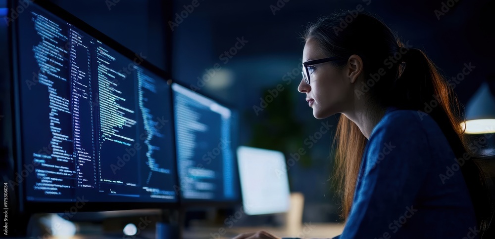 Focused woman analyzing code on computer screens in a dark office, showcasing modern technology and software development. Focused woman analyzing code on computer screens in a dark office, showcasing modern technology and software development.
