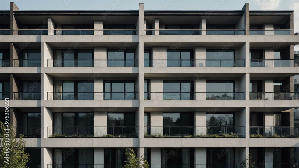 Minimalist apartment building with clean lines and large windows Minimalist apartment building with clean lines and large windows