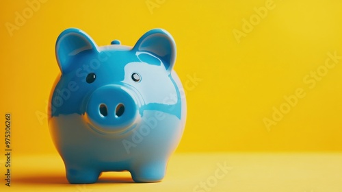 Blue piggy bank on a yellow background.