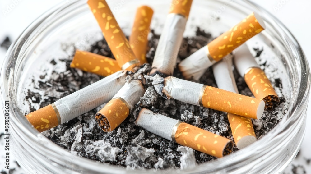 Close-up of cigarette butts in a glass ashtray. Close-up of cigarette butts in a glass ashtray.