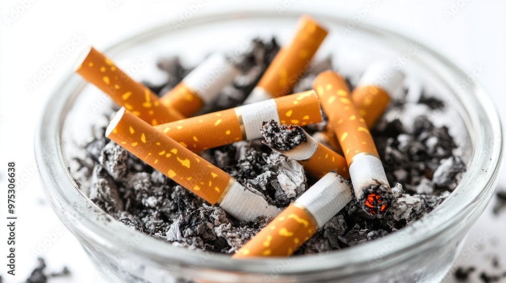 Close-up of a glass ashtray filled with cigarette butts and ash.