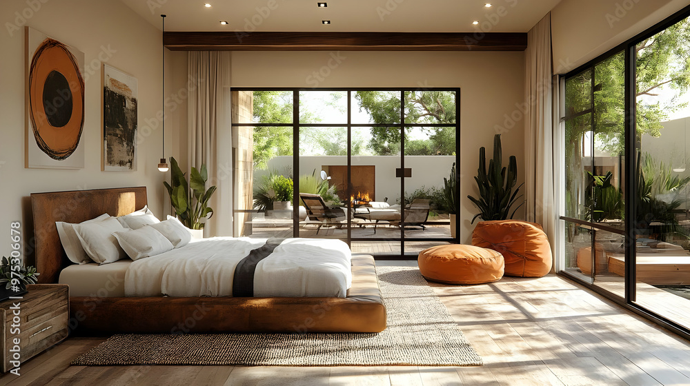 Modern bedroom with large windows and a view of the backyard. Modern bedroom with large windows and a view of the backyard.
