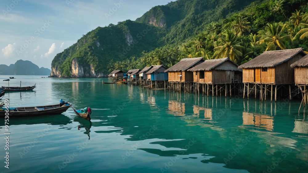 Quiet fishing village with stilt houses over calm waters Quiet fishing village with stilt houses over calm waters