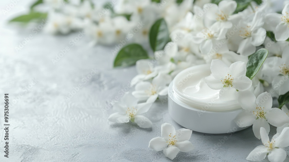 White flowers and cream jar on a grey surface. White flowers and cream jar on a grey surface.