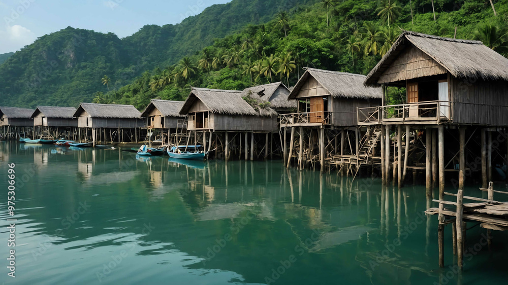 Quiet fishing village with stilt houses over calm waters Quiet fishing village with stilt houses over calm waters