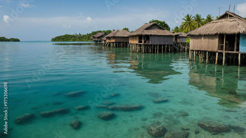 Quiet fishing village with stilt houses over calm waters