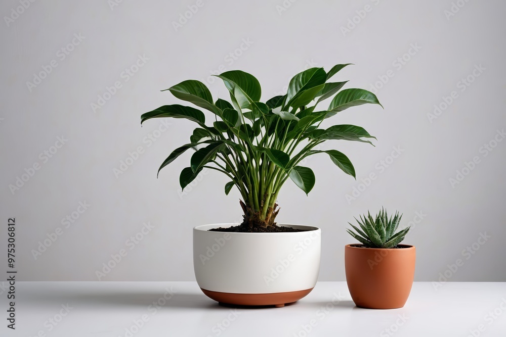 two potted plants on a table two potted plants on a table