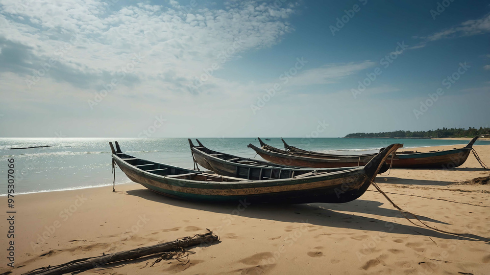 Serene beach with traditional wooden fishing boats in the distance Serene beach with traditional wooden fishing boats in the distance