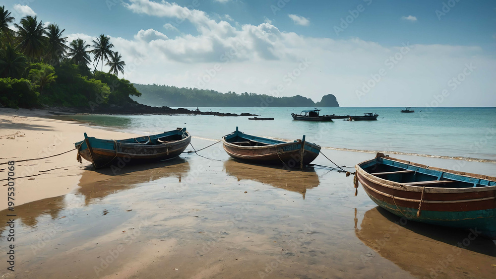 Serene beach with traditional wooden fishing boats in the distance
