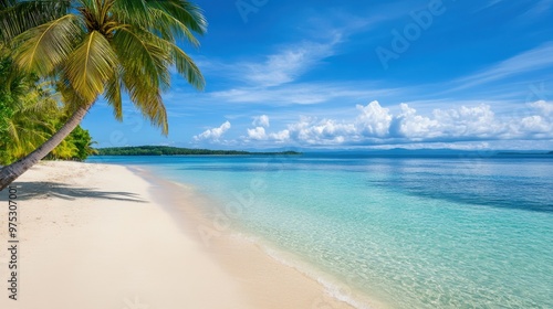 A tranquil beach scene with clear turquoise water, golden sand, and lush palm trees under a bright blue sky, perfect for relaxation.