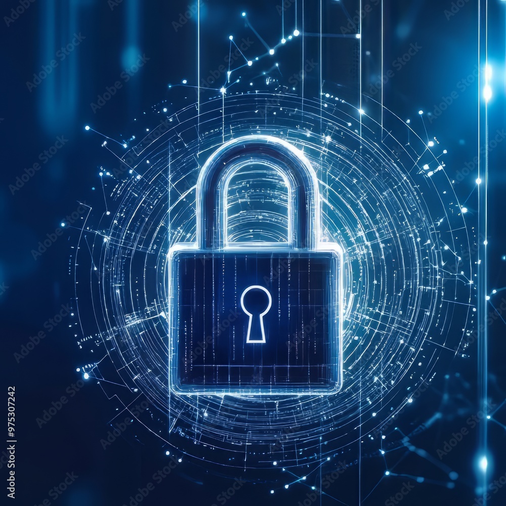 Metallic Digital Padlock Centered Amidst Binary Code and Concentric Futuristic Circles on a Blue and White Gradient, Representing Advanced Cybersecurity Technology Metallic Digital Padlock Centered Amidst Binary Code and Concentric Futuristic Circles on a Blue and White Gradient, Representing Advanced Cybersecurity Technology