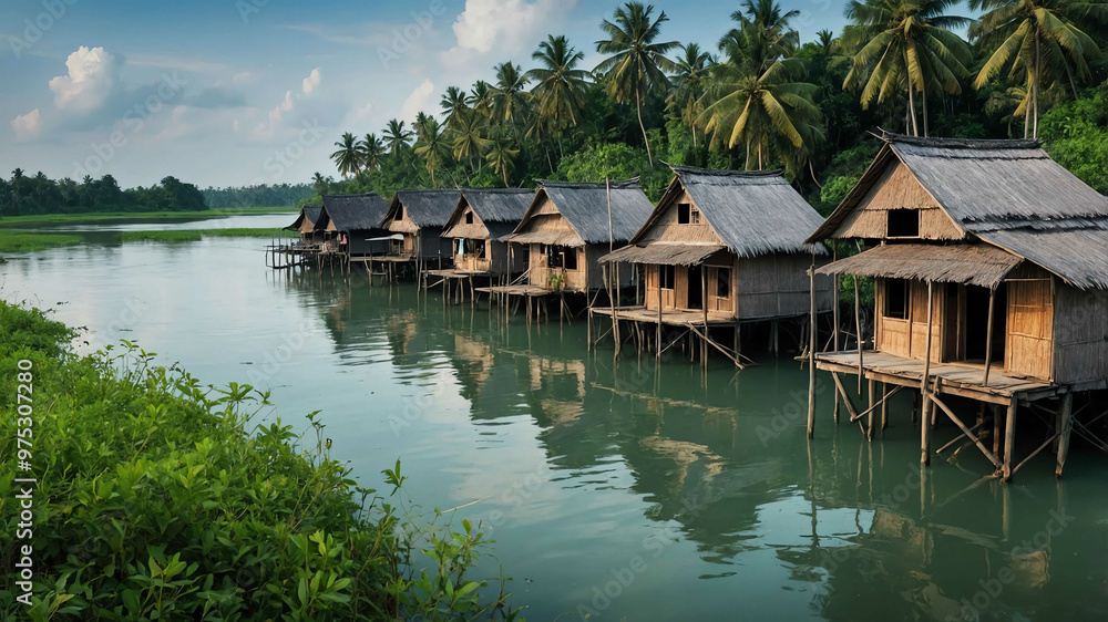 Fototapeta premium Serene river with traditional stilt houses along the shore