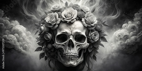 Intricately drawn skull is adorned with tender roses, surrounded by an ethereal glow.