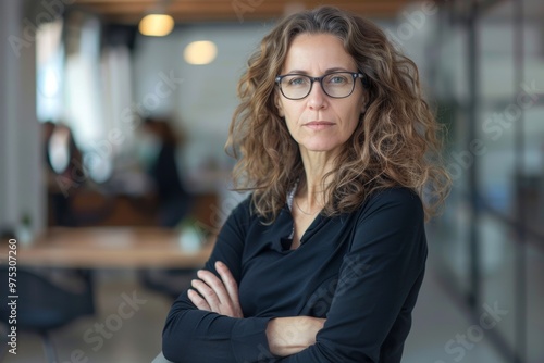 Confident middle-aged woman with curly hair and glasses standing in a minimalist office with colleagues in the background