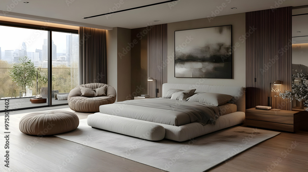 Modern bedroom with large windows overlooking a city skyline, a plush bed, a comfortable armchair, a round ottoman, a bedside table, and a piece of artwork on the wall. Modern bedroom with large windows overlooking a city skyline, a plush bed, a comfortable armchair, a round ottoman, a bedside table, and a piece of artwork on the wall.