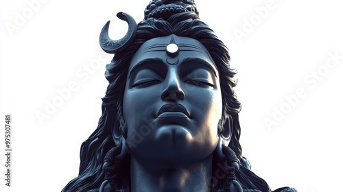 Characters detailed facial depiction of Lord Shiva, with a calm expression, third eye in the center of his forehead, and crescent moon in his hair, white background  photo