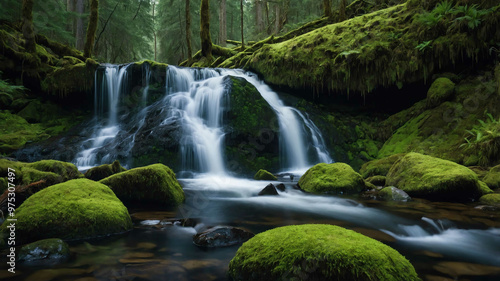 Serene waterfall cascading down moss covered rocks in a forest