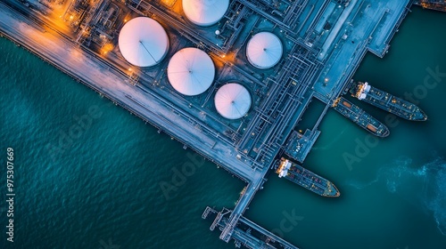 An aerial view of an oil refinery with large storage tanks and two tankers at the dock.