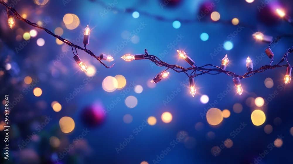 Blured festive garlands with glowing light bulbs against the background of the night sky. Holiday decorations. Blured festive garlands with glowing light bulbs against the background of the night sky. Holiday decorations.