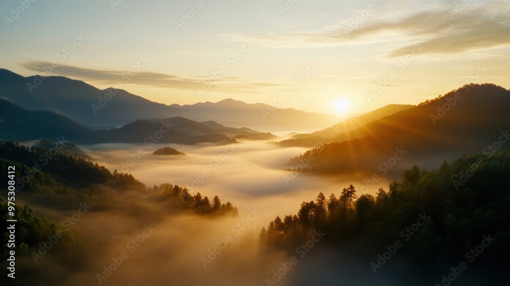 Fototapeta premium A breathtaking sunrise over foggy mountains, showcasing the serene beauty of nature in all its glory.