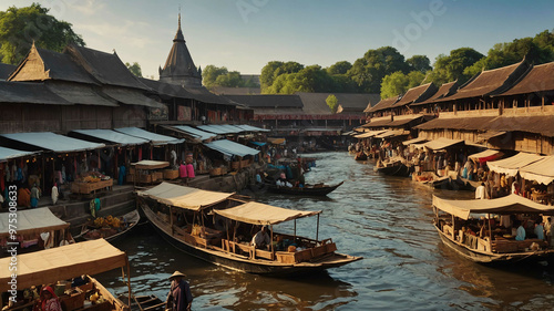 Wallpaper Mural Traditional wooden market stalls lining a busy riverfront Torontodigital.ca