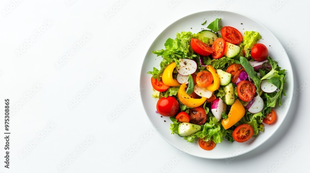 Plate of salad with fresh vegetables isolated on white background top view Plate of salad with fresh vegetables isolated on white background top view