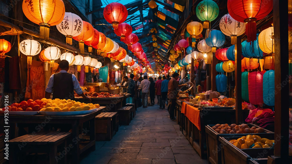 Naklejka premium Vibrant street market stalls under colorful paper lanterns