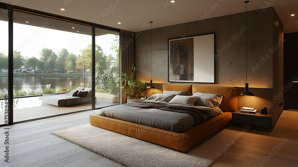 Modern bedroom with large windows overlooking a lake. Modern bedroom with large windows overlooking a lake.