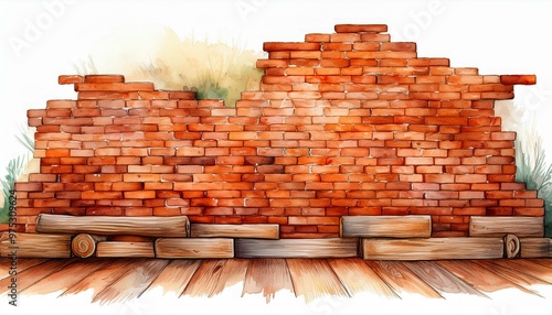 Rustic Red Brick Wall with Wooden Planks
