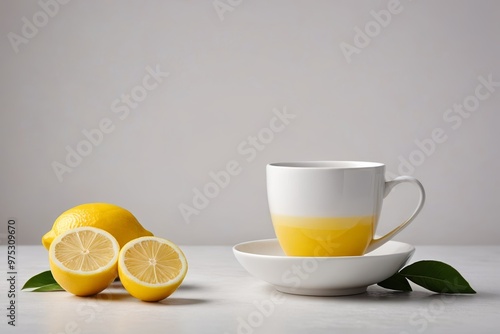 a cup of tea with lemons and a lemon slice 