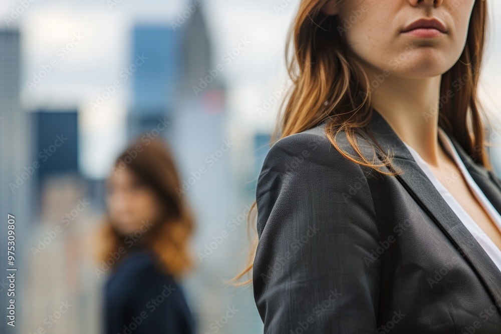 Business professionals in a city skyline setting with soft daylight and minimalist composition Business professionals in a city skyline setting with soft daylight and minimalist composition