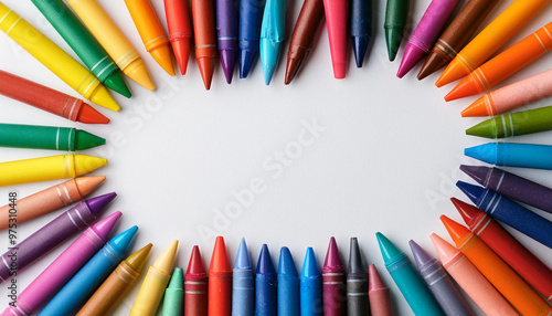 White paper with various crayons as a frame; copy space for your text