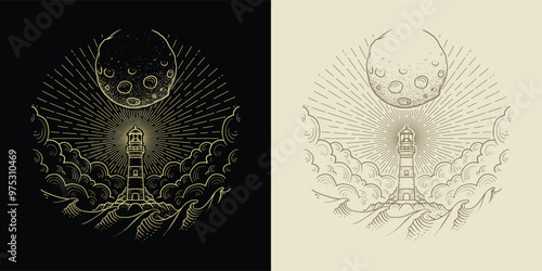 Lighthouse in the middle of the sea with waves and storm clouds, illustration with esoteric, boho, spiritual, geometric, astrology, magic themes