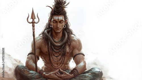 Characters of Lord Shiva, with a trident and snake around his neck, sitting in meditation, radiating power, white background  photo