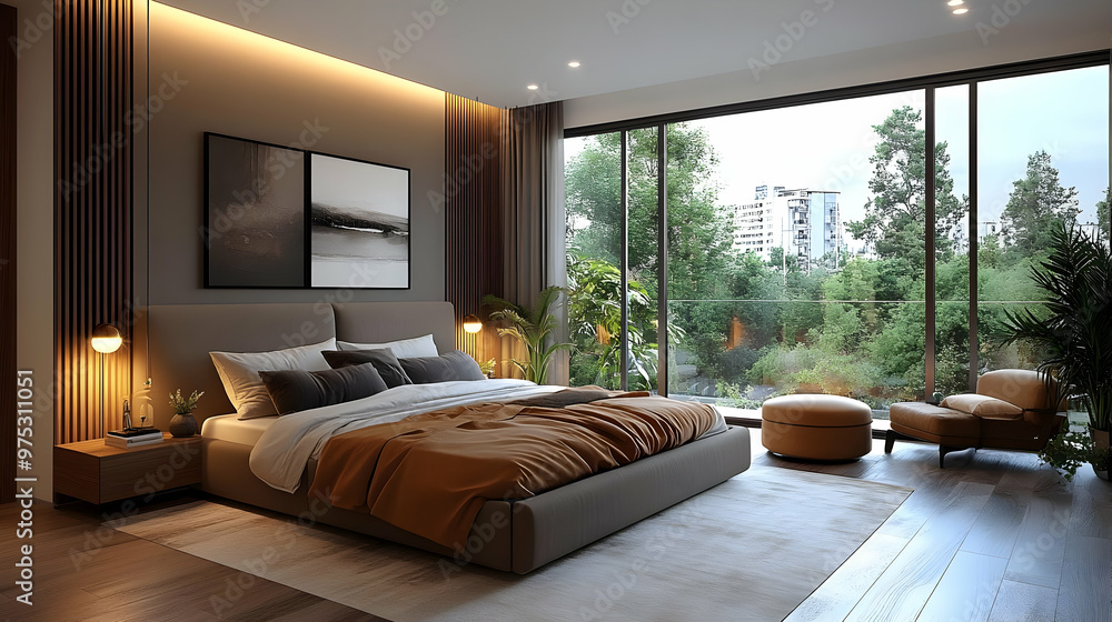 Modern bedroom with large windows overlooking a lush green landscape and a comfortable armchair. Modern bedroom with large windows overlooking a lush green landscape and a comfortable armchair.