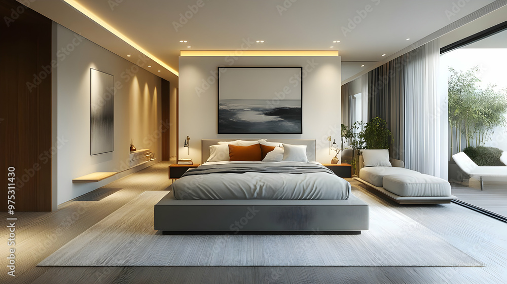 Modern bedroom with large windows overlooking a patio. Modern bedroom with large windows overlooking a patio.