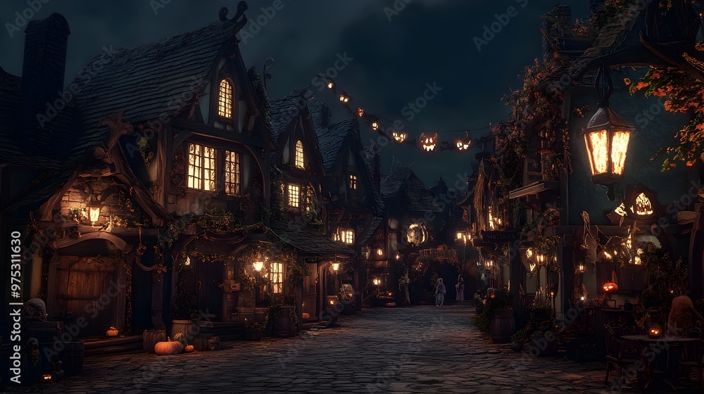 A Halloween-themed medieval village with cobblestone streets and stone cottages adorned with spooky decorations. The village is lit by flickering torchlight and features costumed villagers in A Halloween-themed medieval village with cobblestone streets and stone cottages adorned with spooky decorations. The village is lit by flickering torchlight and features costumed villagers in