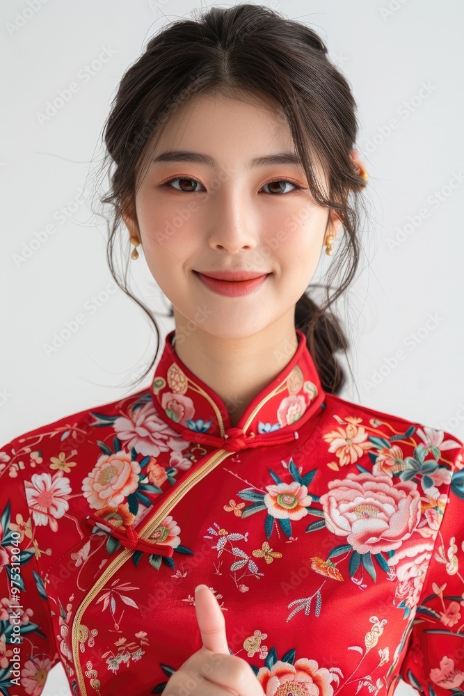 A young woman wearing a Chinese qipao with her thumb raised A young woman wearing a Chinese qipao with her thumb raised