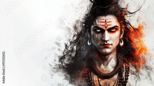 Characters portrait of Lord Shiva with his third eye open, radiating power and wisdom, his expression calm yet fierce, white background  photo