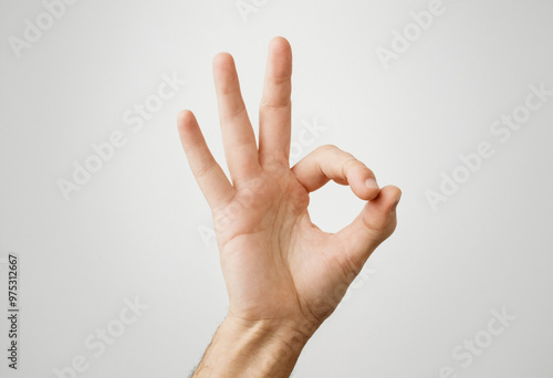 Human hands forming an "OK" sign on a white background. Generative AI