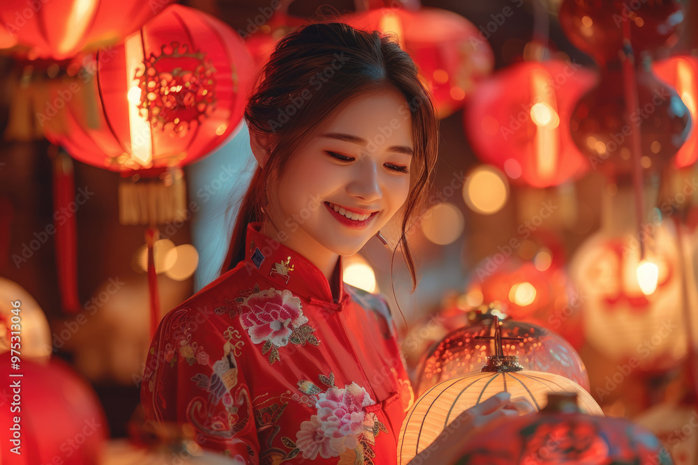 In the evening, Chinese New Year, young women on the streets In the evening, Chinese New Year, young women on the streets