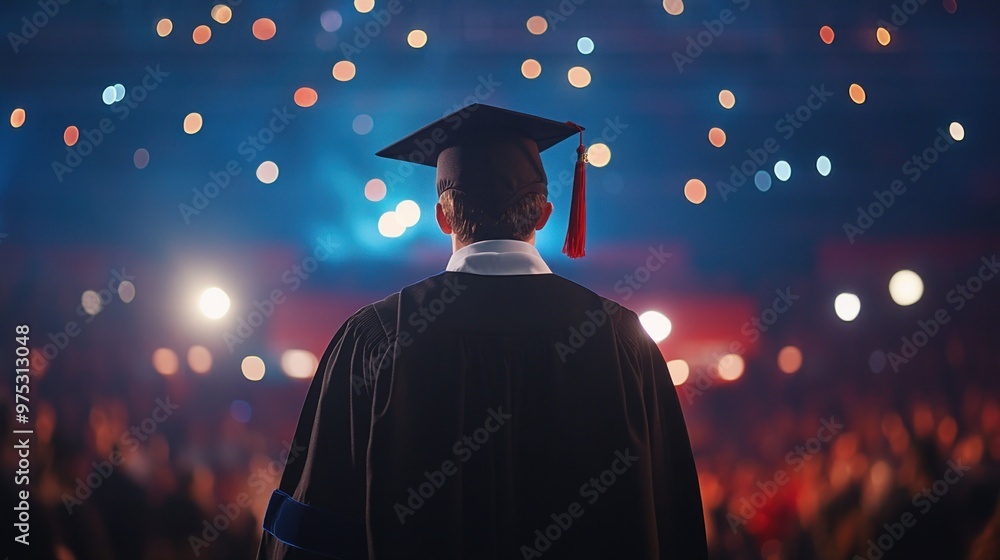 Rear view of graduate in cap and gown with blurry crowd and lights. Rear view of graduate in cap and gown with blurry crowd and lights.