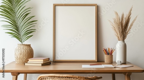 Aesthetic composition of cozy workplace interior with mock up poster frame wooden desk rattan chair books vase with leaves palid pencils and personal accessories. Home decor. Template. photo