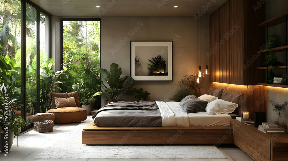 Modern bedroom with large windows, a king-size bed, a large picture, a wood floor, and plants. Modern bedroom with large windows, a king-size bed, a large picture, a wood floor, and plants.