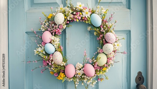 Easter wreath made of pastel eggs and spring flowers on door, easter decorations for home photo