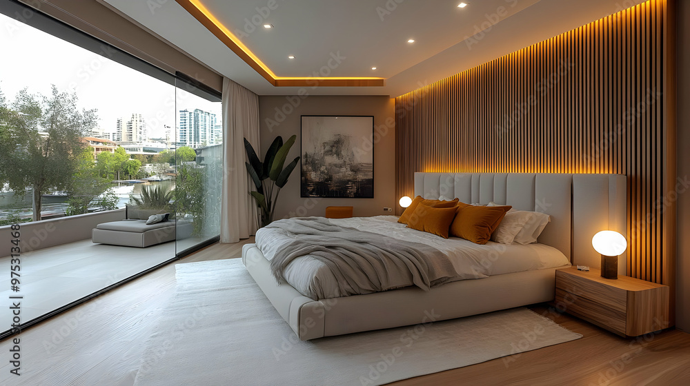 Modern bedroom with large windows, a king-size bed, a white rug, and a wooden wall. Modern bedroom with large windows, a king-size bed, a white rug, and a wooden wall.