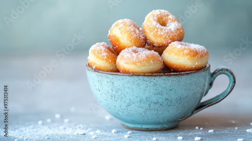 Little Donuts. Home-made cottage cheese cookies deep-fried and sprinkled with icing sugar in a vintage ceramic cup on a light background. Selective focus. photo