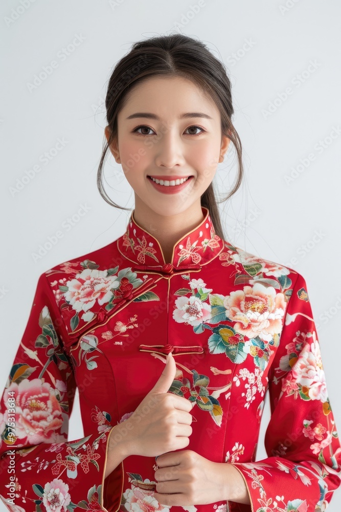 A young woman wearing a Chinese qipao with her thumb raised A young woman wearing a Chinese qipao with her thumb raised