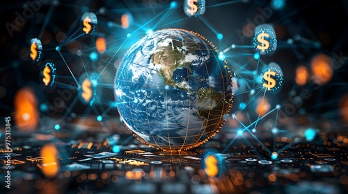 Global Finance Network Digital Currency International Business Economy Dollar Sign Earth World Map Technology Data