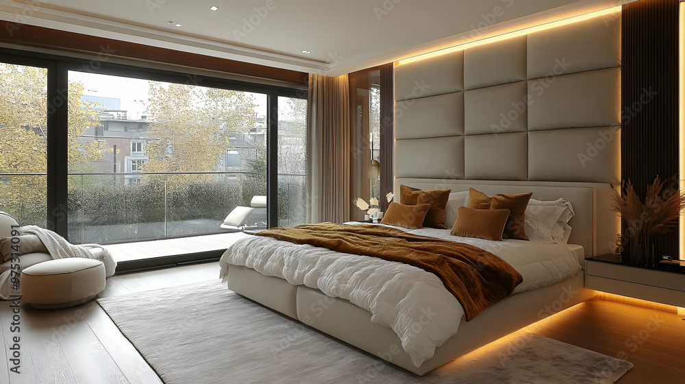 Modern bedroom with large windows, a plush bed, and a cozy armchair. Modern bedroom with large windows, a plush bed, and a cozy armchair.